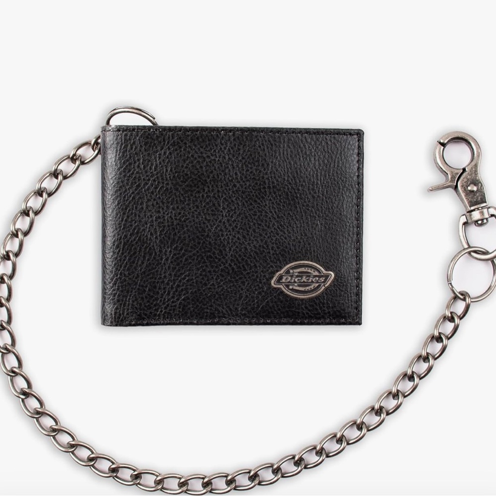 Black 100% leather dickies punk biker chain wallet single fold over belt clasp